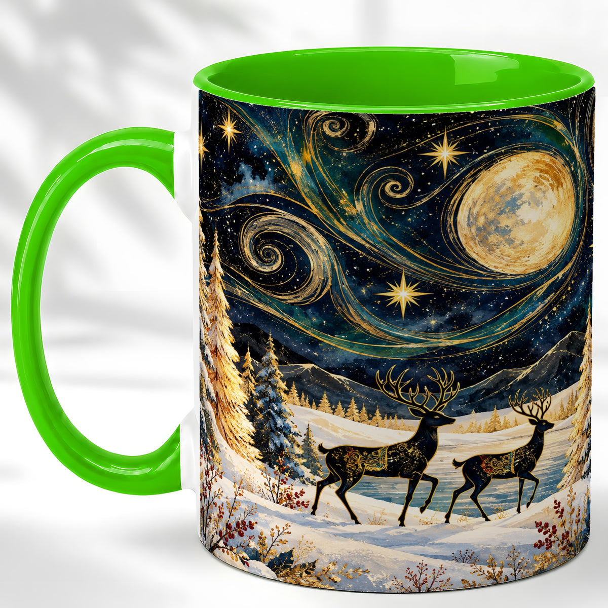#pl[11oz|Green] Moonlit Deer Coffee Mug, Winter Forest Mug, Ceramic Cup