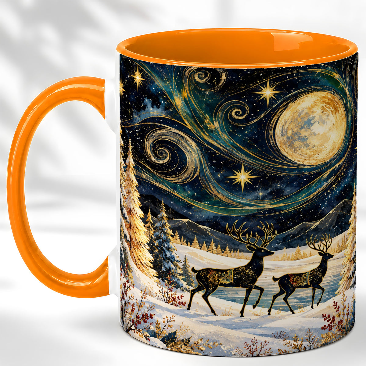 #pl[11oz|Orange] Moonlit Deer Coffee Mug, Winter Forest Mug, Ceramic Cup
