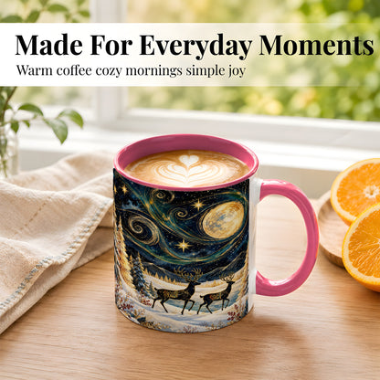 #pl[11oz|Pink] Moonlit Deer Coffee Mug, Winter Forest Mug, Ceramic Cup