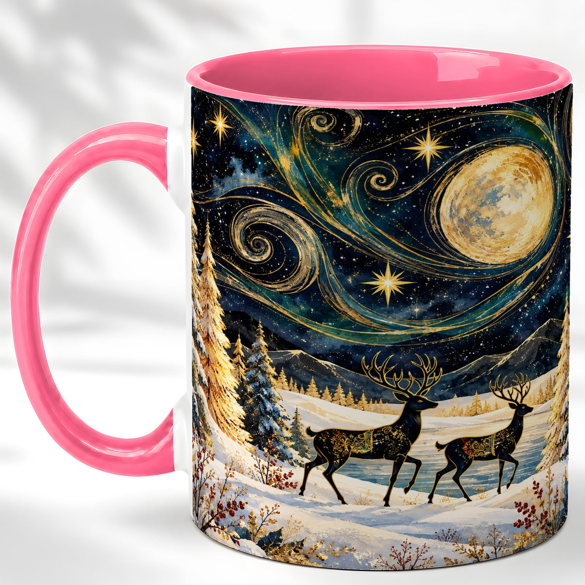 #pl[11oz|Pink] Moonlit Deer Coffee Mug, Winter Forest Mug, Ceramic Cup