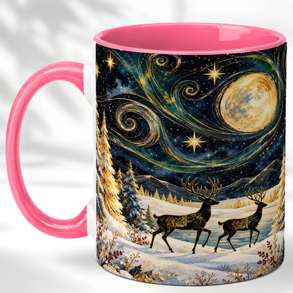 #pl[11oz|Pink] Moonlit Deer Coffee Mug, Winter Forest Mug, Ceramic Cup