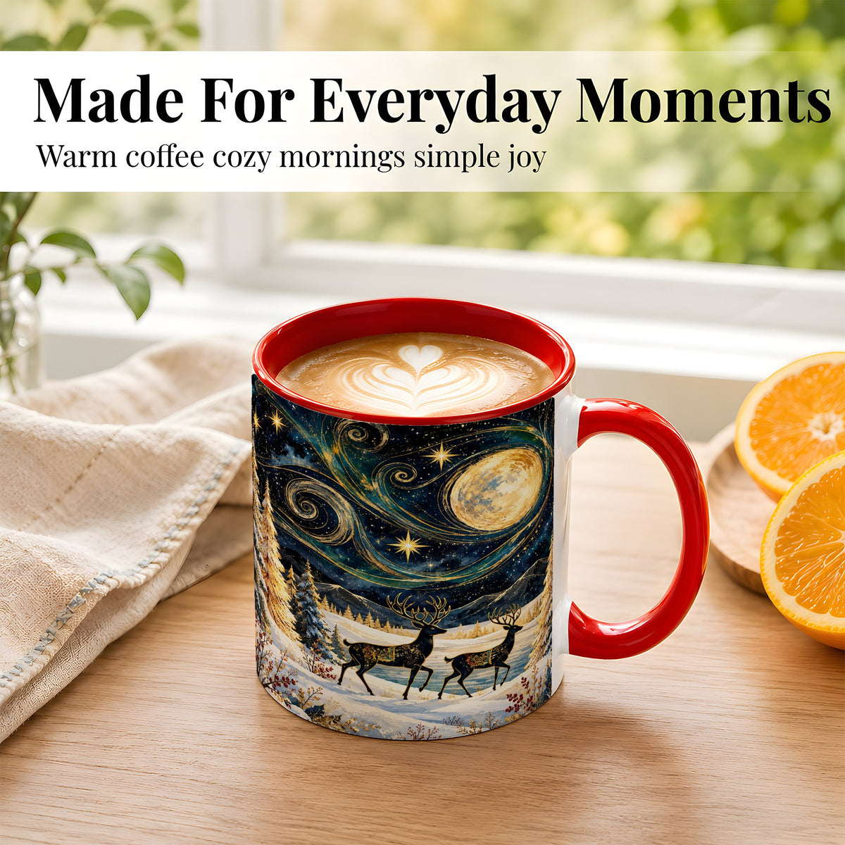 #pl[11oz|Red] Moonlit Deer Coffee Mug, Winter Forest Mug, Ceramic Cup