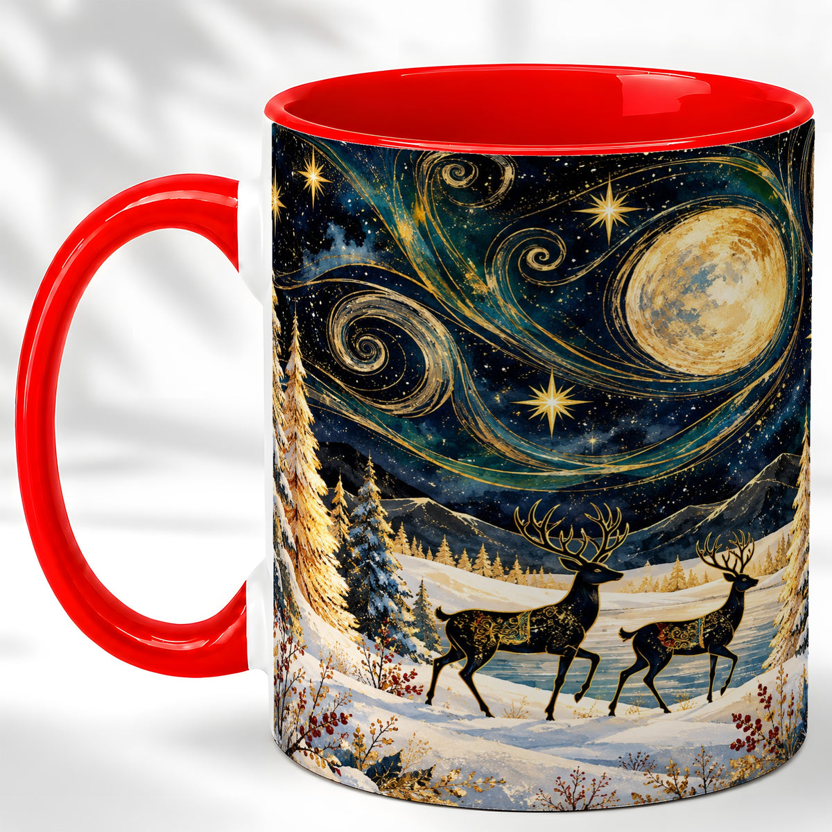 Moonlit Deer Coffee Mug, Winter Forest Mug, Ceramic Cup