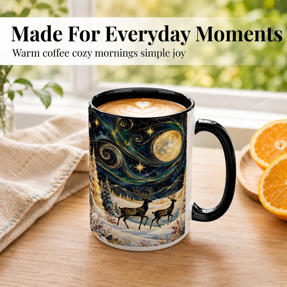 #pl[15oz|Black] Moonlit Deer Coffee Mug, Winter Forest Mug, Ceramic Cup