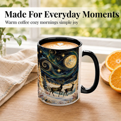 #pl[15oz|Black] Moonlit Deer Coffee Mug, Winter Forest Mug, Ceramic Cup