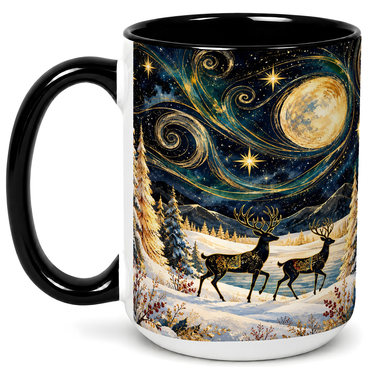 #pl[15oz|Black] Moonlit Deer Coffee Mug, Winter Forest Mug, Ceramic Cup