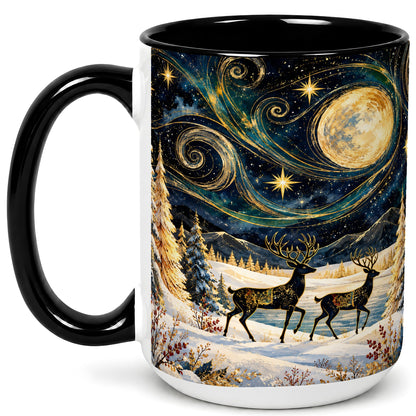 #pl[15oz|Black] Moonlit Deer Coffee Mug, Winter Forest Mug, Ceramic Cup