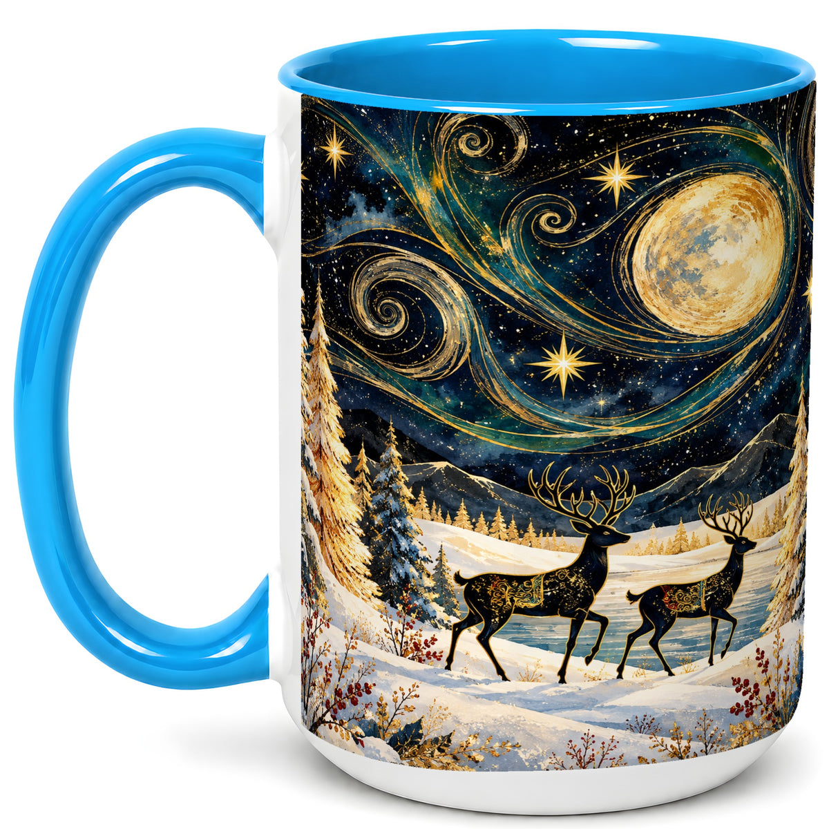 #pl[15oz|Blue] Moonlit Deer Coffee Mug, Winter Forest Mug, Ceramic Cup