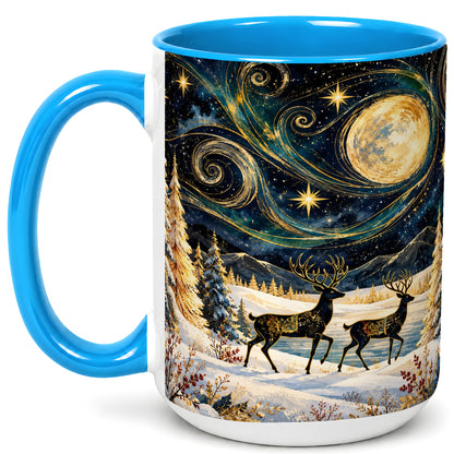 #pl[15oz|Blue] Moonlit Deer Coffee Mug, Winter Forest Mug, Ceramic Cup