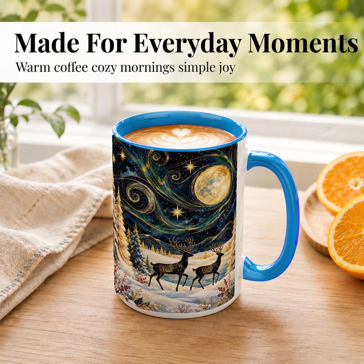 #pl[15oz|Blue] Moonlit Deer Coffee Mug, Winter Forest Mug, Ceramic Cup