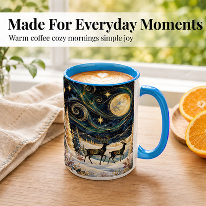 #pl[15oz|Blue] Moonlit Deer Coffee Mug, Winter Forest Mug, Ceramic Cup