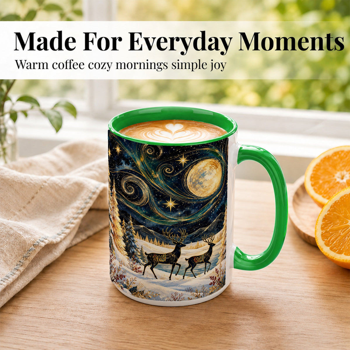 #pl[15oz|Green] Moonlit Deer Coffee Mug, Winter Forest Mug, Ceramic Cup