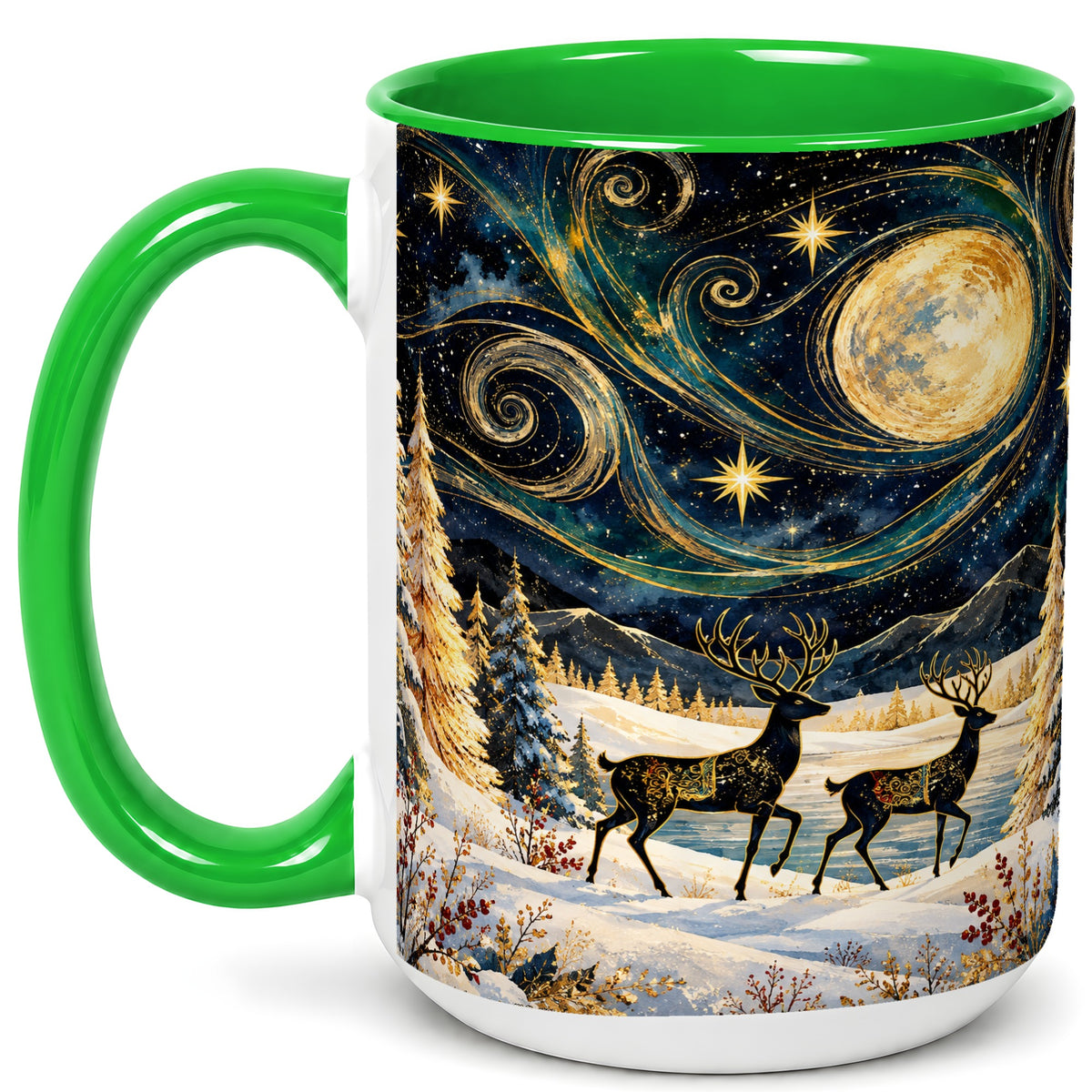 #pl[15oz|Green] Moonlit Deer Coffee Mug, Winter Forest Mug, Ceramic Cup