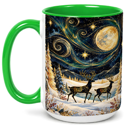 #pl[15oz|Green] Moonlit Deer Coffee Mug, Winter Forest Mug, Ceramic Cup