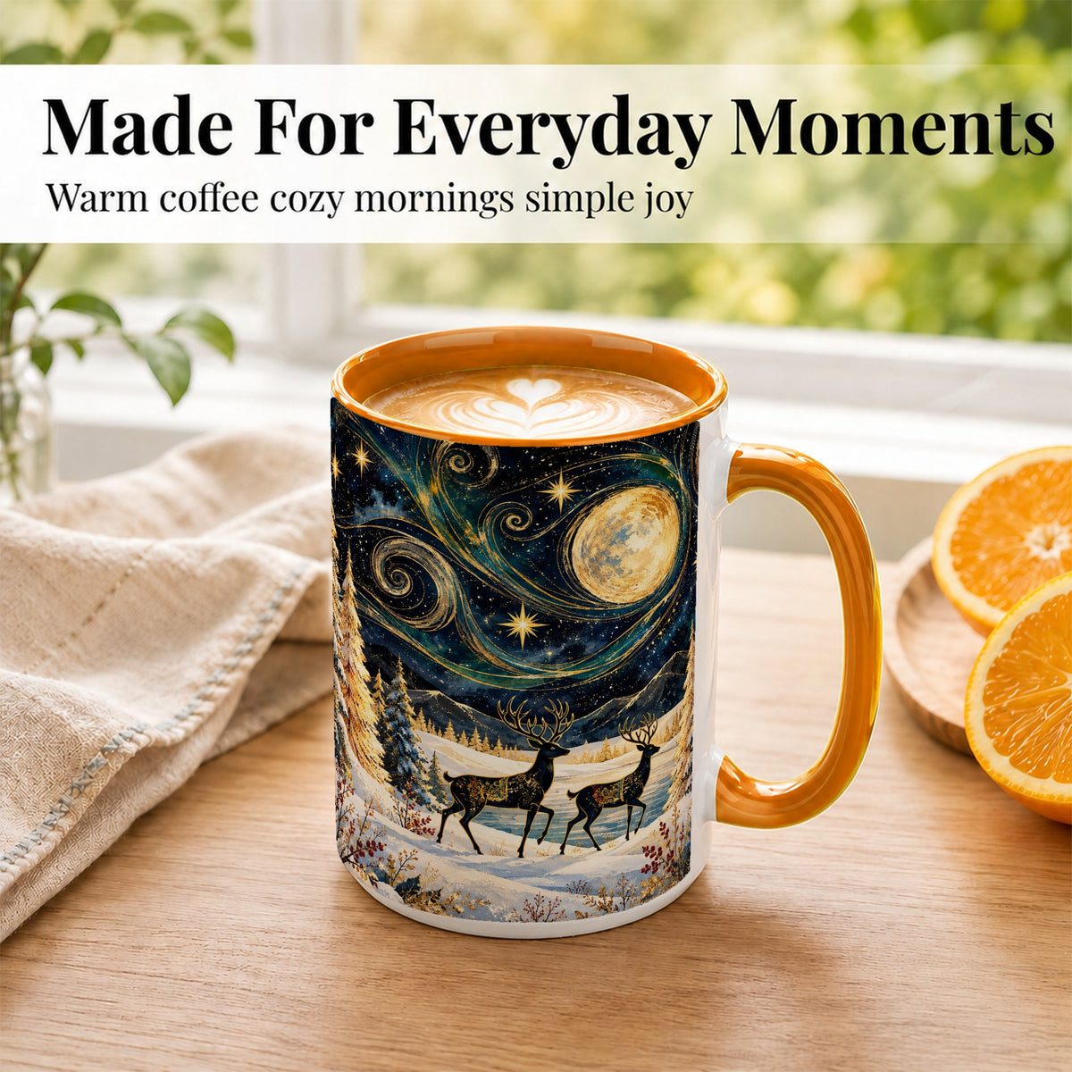 #pl[15oz|Orange] Moonlit Deer Coffee Mug, Winter Forest Mug, Ceramic Cup
