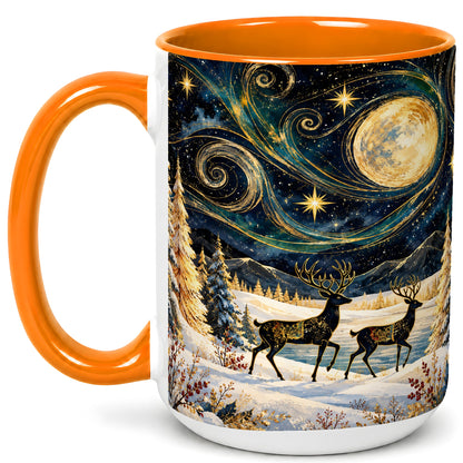 #pl[15oz|Orange] Moonlit Deer Coffee Mug, Winter Forest Mug, Ceramic Cup