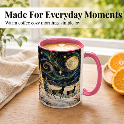 #pl[15oz|Pink] Moonlit Deer Coffee Mug, Winter Forest Mug, Ceramic Cup
