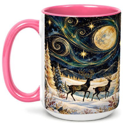 #pl[15oz|Pink] Moonlit Deer Coffee Mug, Winter Forest Mug, Ceramic Cup