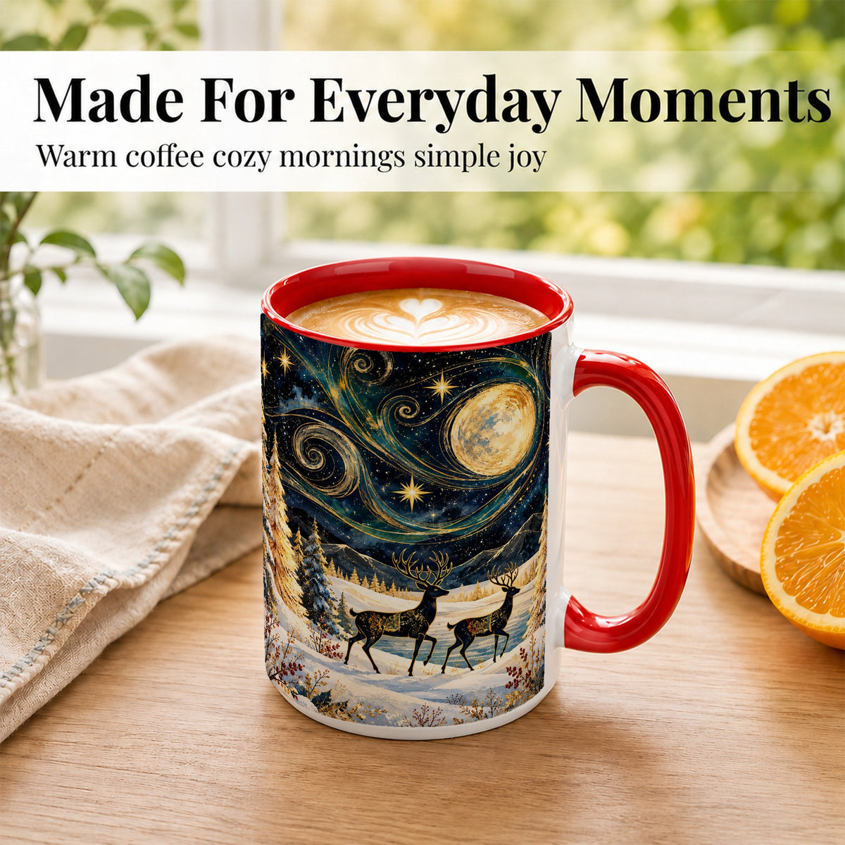 #pl[15oz|Red] Moonlit Deer Coffee Mug, Winter Forest Mug, Ceramic Cup