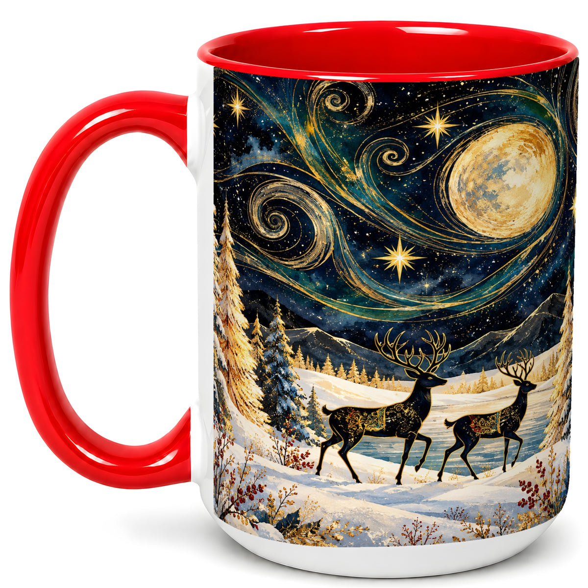 #pl[15oz|Red] Moonlit Deer Coffee Mug, Winter Forest Mug, Ceramic Cup