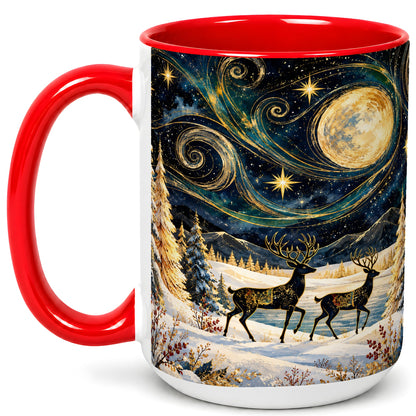 #pl[15oz|Red] Moonlit Deer Coffee Mug, Winter Forest Mug, Ceramic Cup