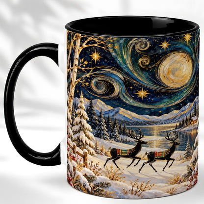 #pl[11oz|Black] Winter Deer Lake Coffee Mug, Starry Night Mug, Ceramic Cup