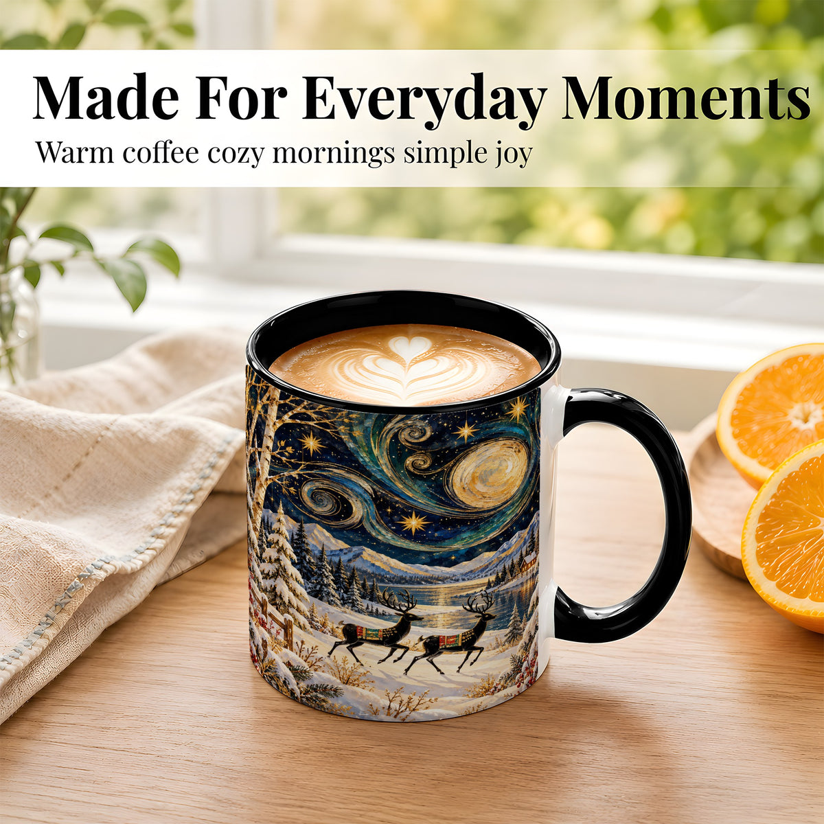 #pl[11oz|Black] Winter Deer Lake Coffee Mug, Starry Night Mug, Ceramic Cup