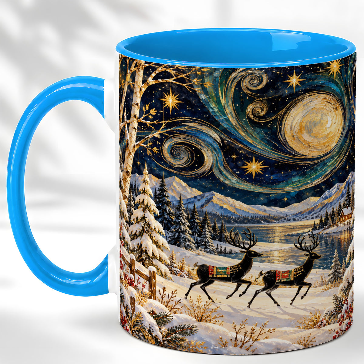 #pl[11oz|Blue] Winter Deer Lake Coffee Mug, Starry Night Mug, Ceramic Cup