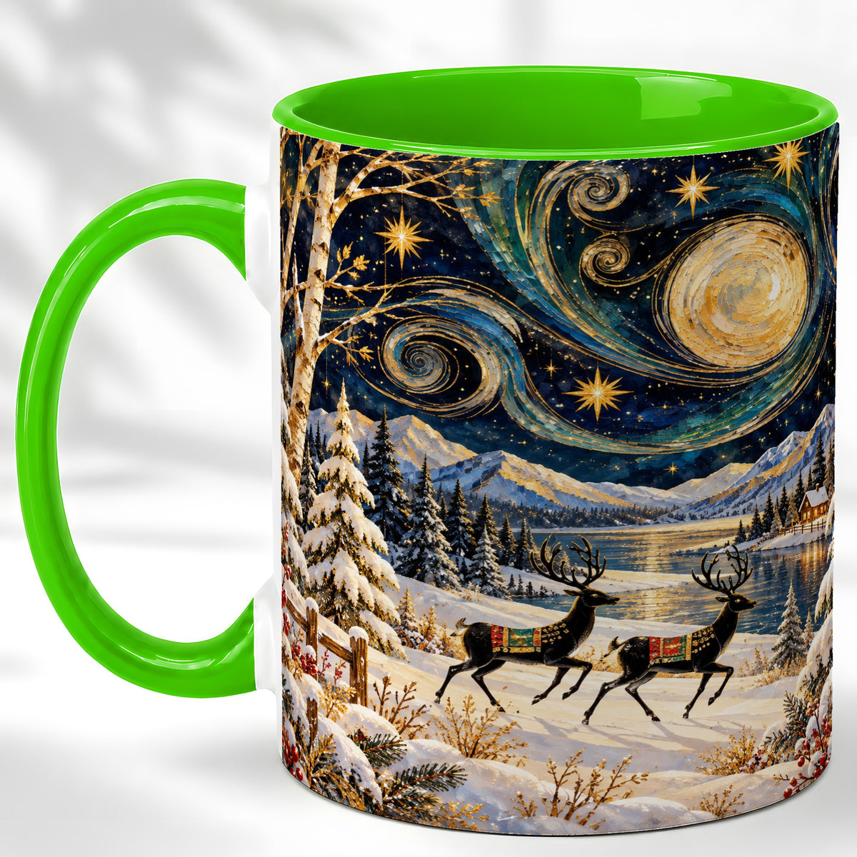 #pl[11oz|Green] Winter Deer Lake Coffee Mug, Starry Night Mug, Ceramic Cup