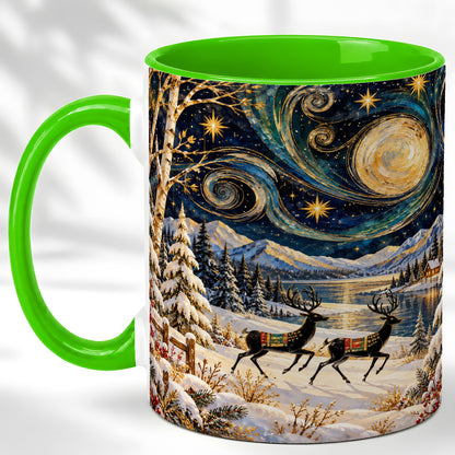 #pl[11oz|Green] Winter Deer Lake Coffee Mug, Starry Night Mug, Ceramic Cup