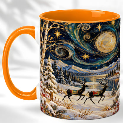#pl[11oz|Orange] Winter Deer Lake Coffee Mug, Starry Night Mug, Ceramic Cup