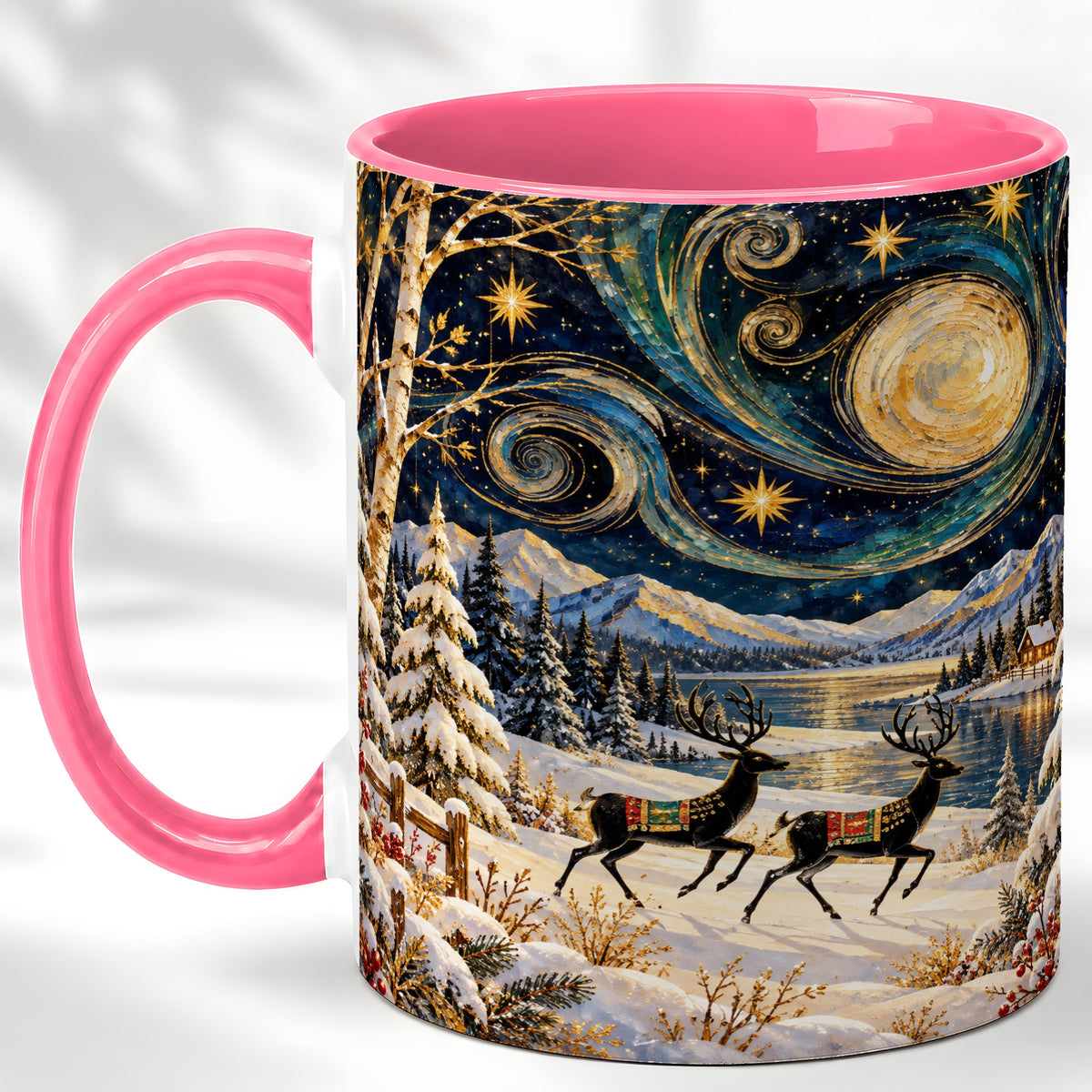 #pl[11oz|Pink] Winter Deer Lake Coffee Mug, Starry Night Mug, Ceramic Cup