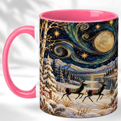 #pl[11oz|Pink] Winter Deer Lake Coffee Mug, Starry Night Mug, Ceramic Cup