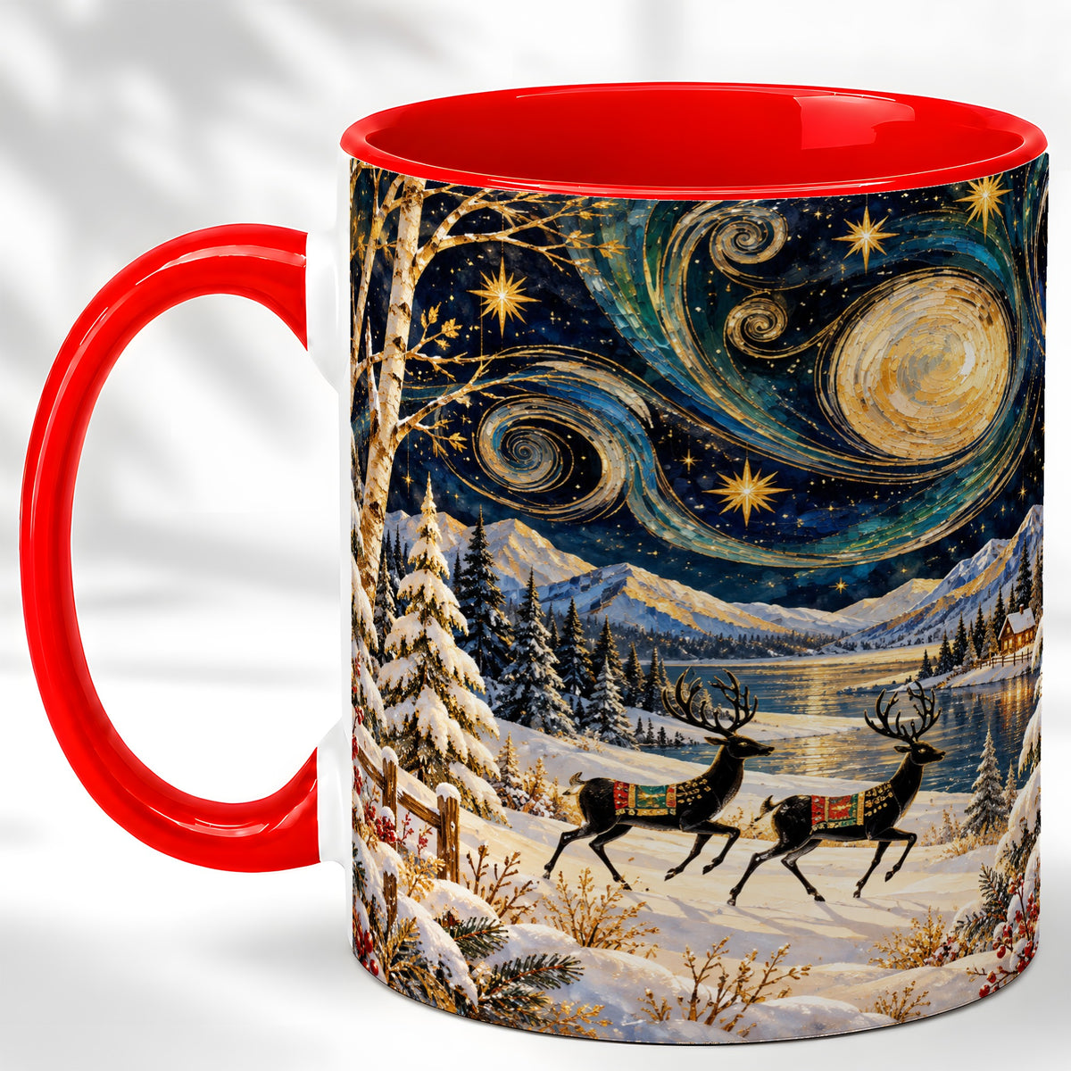Winter Deer Lake Coffee Mug, Starry Night Mug, Ceramic Cup