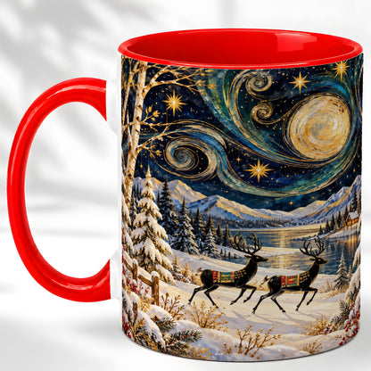 Winter Deer Lake Coffee Mug, Starry Night Mug, Ceramic Cup