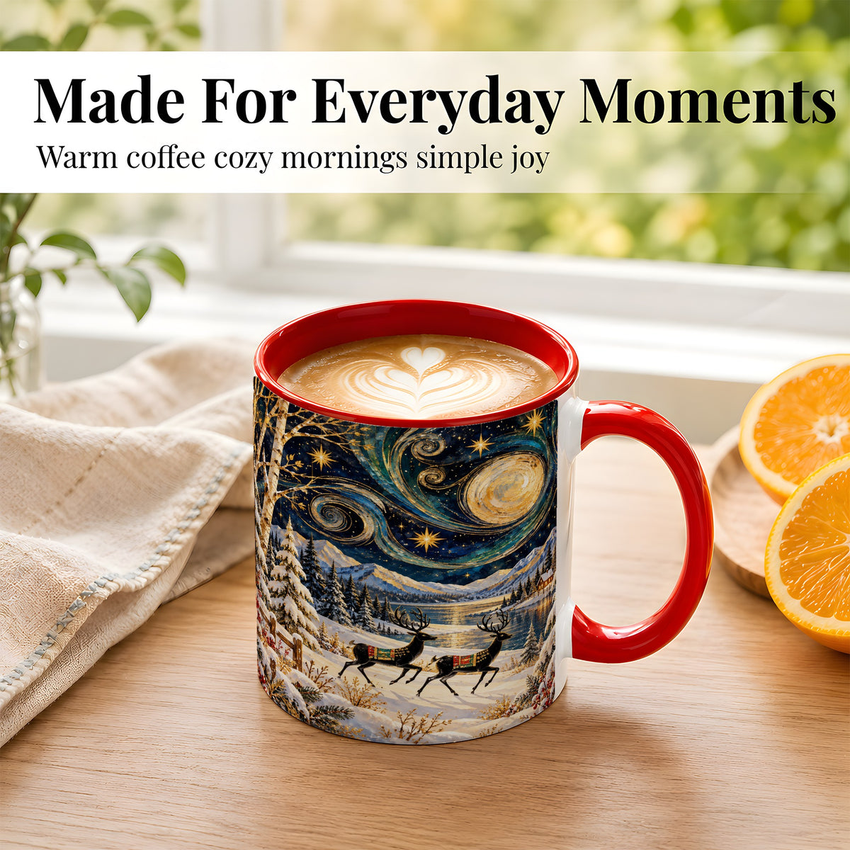 #pl[11oz|Red] Winter Deer Lake Coffee Mug, Starry Night Mug, Ceramic Cup