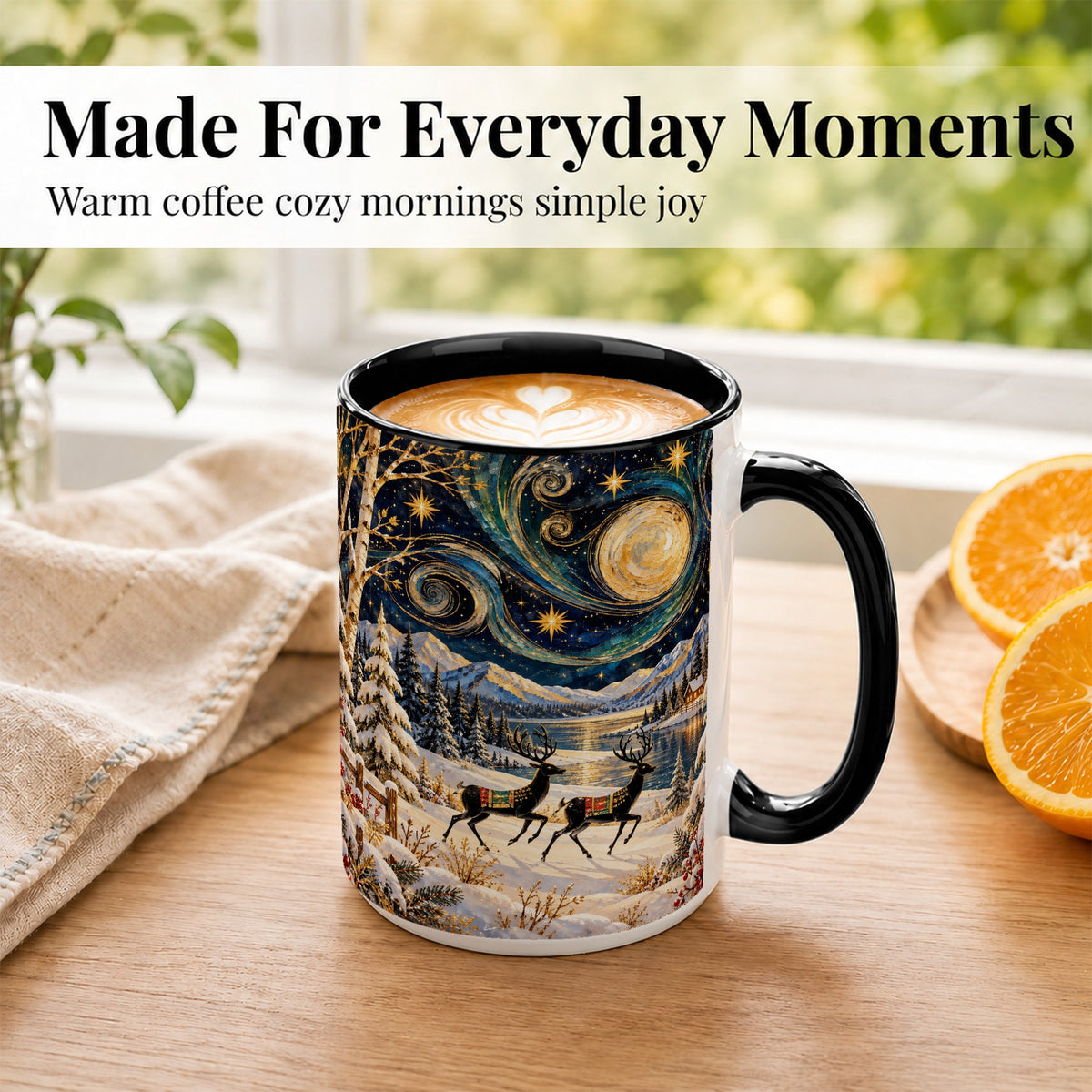#pl[15oz|Black] Winter Deer Lake Coffee Mug, Starry Night Mug, Ceramic Cup