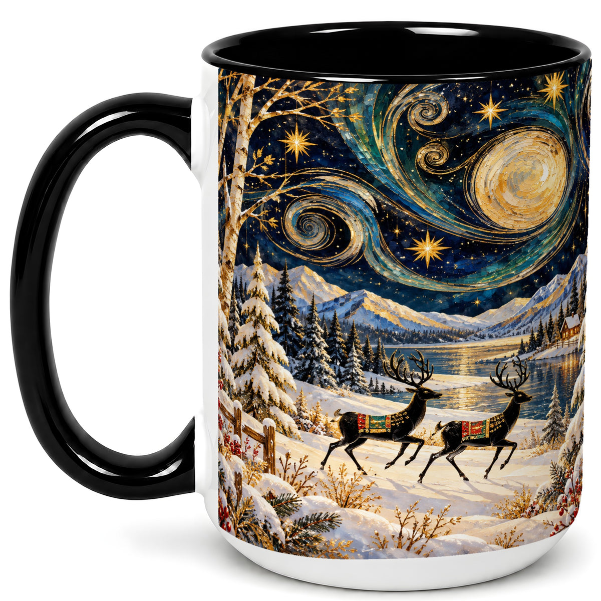#pl[15oz|Black] Winter Deer Lake Coffee Mug, Starry Night Mug, Ceramic Cup