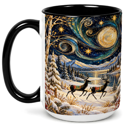 #pl[15oz|Black] Winter Deer Lake Coffee Mug, Starry Night Mug, Ceramic Cup