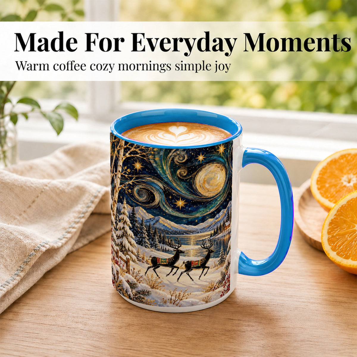 #pl[15oz|Blue] Winter Deer Lake Coffee Mug, Starry Night Mug, Ceramic Cup