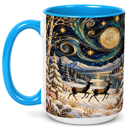 #pl[15oz|Blue] Winter Deer Lake Coffee Mug, Starry Night Mug, Ceramic Cup