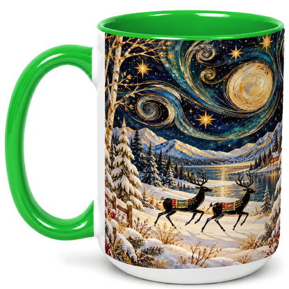 #pl[15oz|Green] Winter Deer Lake Coffee Mug, Starry Night Mug, Ceramic Cup
