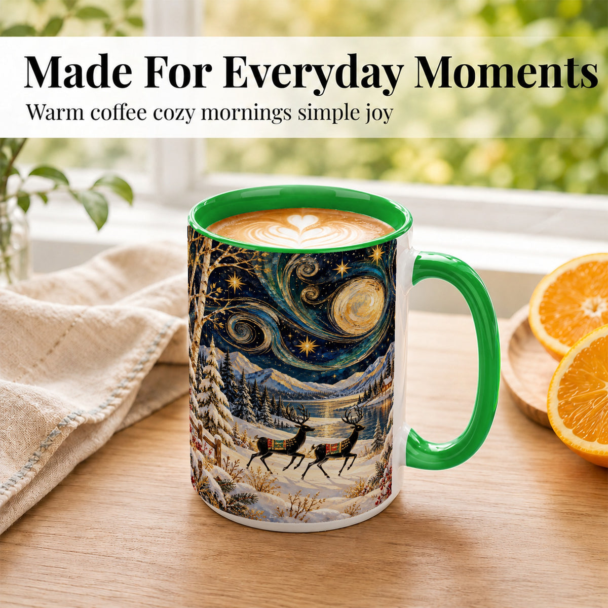#pl[15oz|Green] Winter Deer Lake Coffee Mug, Starry Night Mug, Ceramic Cup