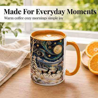 #pl[15oz|Orange] Winter Deer Lake Coffee Mug, Starry Night Mug, Ceramic Cup