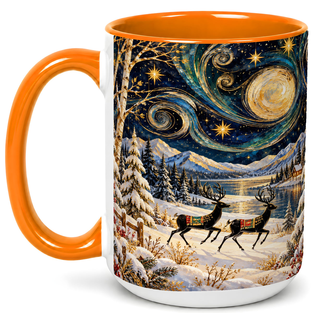 #pl[15oz|Orange] Winter Deer Lake Coffee Mug, Starry Night Mug, Ceramic Cup