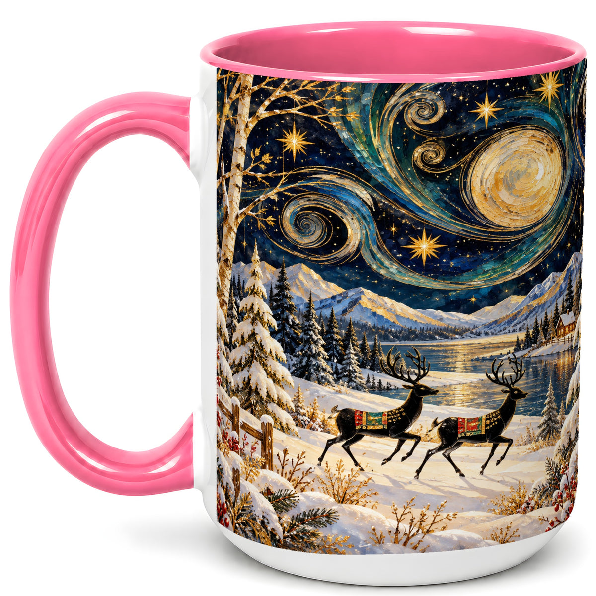 #pl[15oz|Pink] Winter Deer Lake Coffee Mug, Starry Night Mug, Ceramic Cup