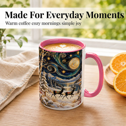 #pl[15oz|Pink] Winter Deer Lake Coffee Mug, Starry Night Mug, Ceramic Cup