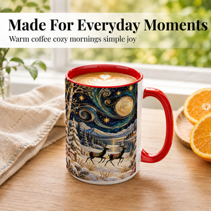 #pl[15oz|Red] Winter Deer Lake Coffee Mug, Starry Night Mug, Ceramic Cup
