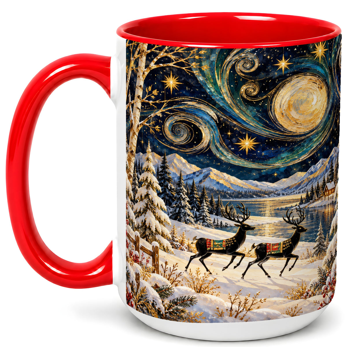 #pl[15oz|Red] Winter Deer Lake Coffee Mug, Starry Night Mug, Ceramic Cup