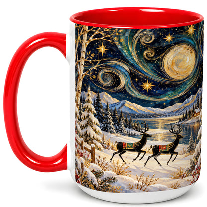 #pl[15oz|Red] Winter Deer Lake Coffee Mug, Starry Night Mug, Ceramic Cup